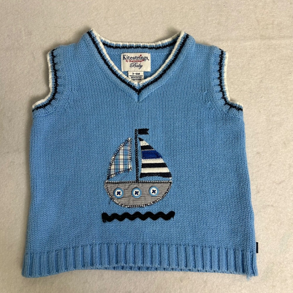 Nautical Preppy Kitestrings‎ Kids 3-6M Blue Sailboat Knit V-Neck Sweater Vest